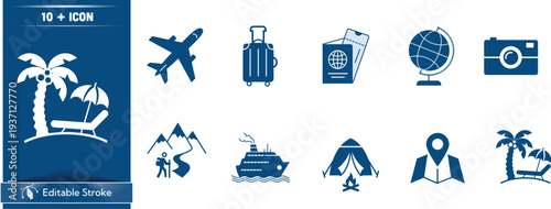 Travel Icon Set Featuring Airplane, Suitcase, Passport, and Adventure-Themed Elements