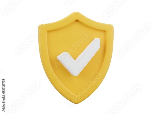 A vibrant yellow shield with a prominent white checkmark symbolizes security protection and verified status in a 3d
