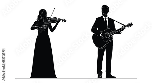 A silhouetted violinist and guitarist perform together creating a musical duet on a white background