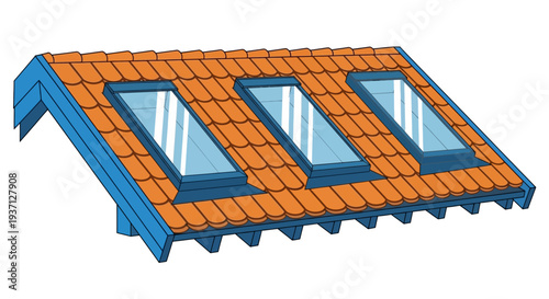 Angled skylight windows set into a tiled orange roof with blue framing attic house