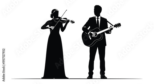 Silhouetted musicians perform together a violinist and a guitarist on a white background high quality professional