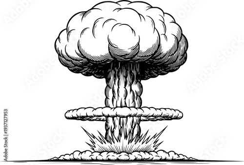 Black and White Atomic Mushroom Cloud Explosion with Detailed Hatching bomb