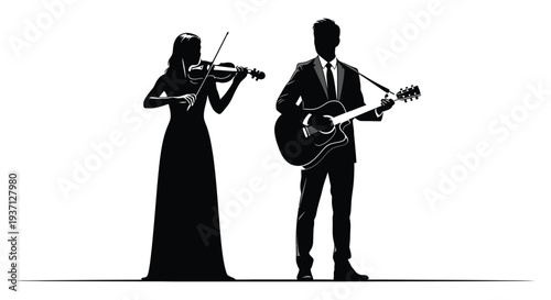 Silhouetted musicians perform with a violinist and guitarist against a stark white background high quality professional