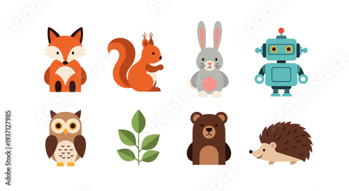 Cartoon animals and robot illustration