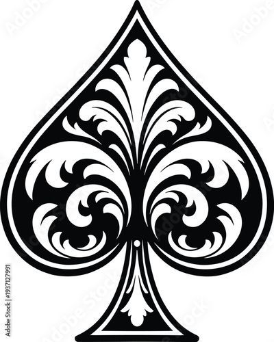 Vintage Ornate Ace of Spades Playing Card Symbol with Decorative Floral Filigree Flourish Vector Illustration for Casino Branding Poker Tattoos and Luxury Game Design