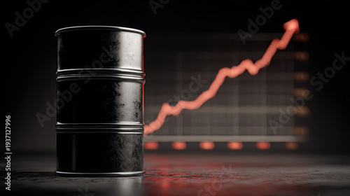 Black oil barrels in front of a rising stock market graph showing price increase trends