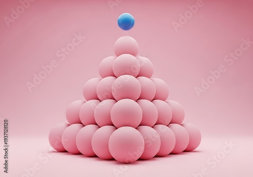 A pyramid constructed from numerous pale pink spheres is displayed against a matching pink background with a single