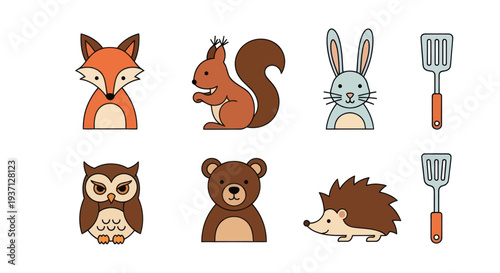 Cartoon forest animals and cooking utensils