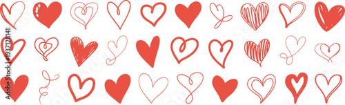 A collection of hand-drawn red hearts in various styles on a white background love romance