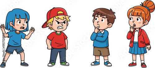 Cartoon children showing different emotions and reactions, angry girl shouting, upset boy with cap, thoughtful kid and surprised girl character set