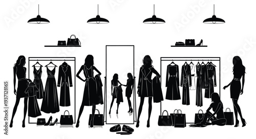 A black and white illustration depicts a boutique with clothing racks models and shoppers high quality