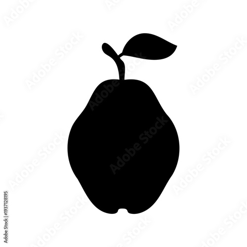 Black Silhouette of a Ripe Pear Fruit with a Single Leaf