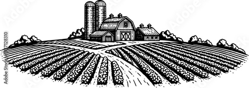 Black and white of a rural farm with fields silos and barn agriculture crop
