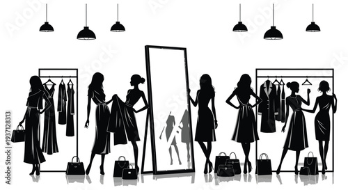 Black and white illustration of women shopping in a clothing store with multiple reflections high quality