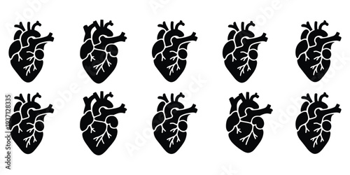 Anatomical Heart Silhouettes Repeating Pattern Black on White Background human heart