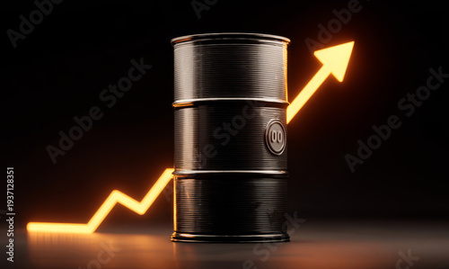 Oil barrel with rising arrow shows increase in oil prices during market trends