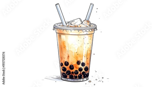 A watercolor illustration of a clear plastic cup filled with boba tea and ice, featuring two straws