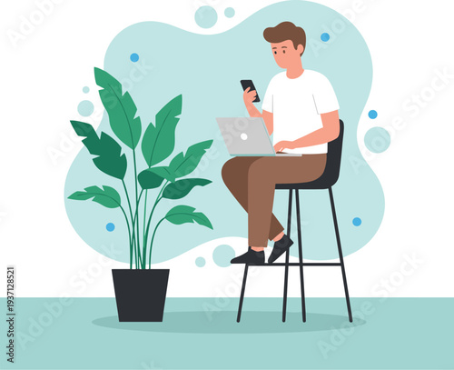Man working on laptop while checking smartphone, remote freelance work from home concept, modern flat vector illustration with plant decoration background