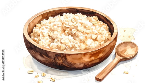 A watercolor illustration of a wooden bowl filled with creamy oatmeal beside a wooden spoon on a white background
