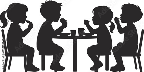 Black Silhouettes of Group of Four Children Sitting at a Table Eating Lunch and Drinking Isolated on White Background for Childhood Nutrition Design