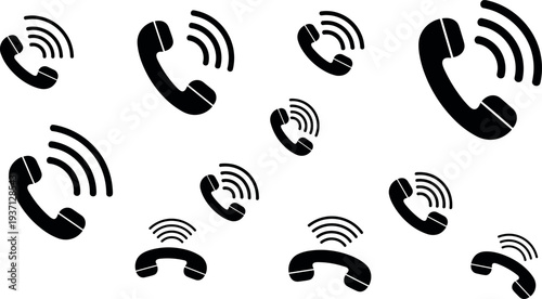 Phone Call Icon Set with Telephone Receiver and Ringing Signal Symbols for Communication, Contact Services, Customer Support, and Mobile App Interface