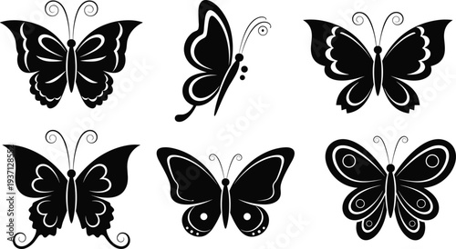 Butterfly silhouettes collection, decorative butterfly icons set, elegant insect wing patterns, nature inspired tattoo style butterflies vector illustration pack