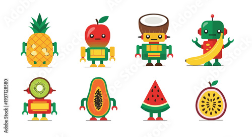 Cartoon fruit robots isolated on white