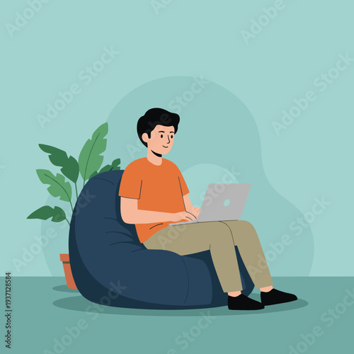 Man working on laptop while sitting on bean bag chair, remote freelance work from home concept, modern flat vector illustration with plant background