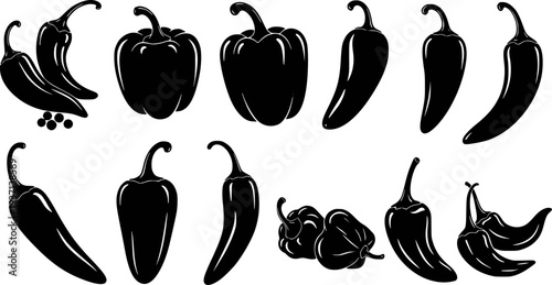Collection of black silhouette chili peppers and bell peppers white background food