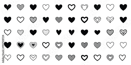 Assorted Heart Icons in Black and White with Varied Styles and Patterns symbol love