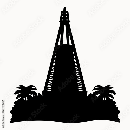 Oil rig silhouette with palm trees on tropical island