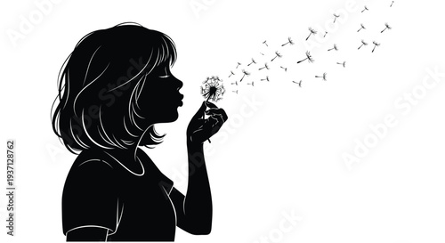 A silhouette of a young girl blowing dandelion seeds into the air creating a whimsical scene