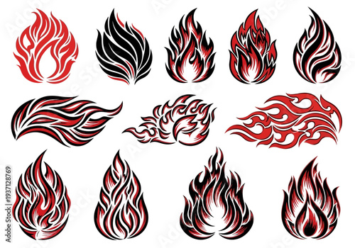 Collection of stylized red and black flame in various shapes and sizes fire heat