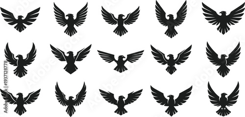 Eagle silhouettes collection, flying eagle wings spread icons set, powerful bird of prey symbols, heraldic wildlife vector logo elements