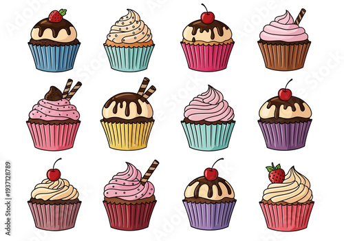 Colorful cartoon cupcakes with frosting cherries strawberries and chocolate drizzle