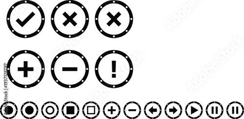 Control Button Icon Set, Check Cross Plus Minus Symbols, Media Navigation Controls Collection, Black Circular Vector Illustration