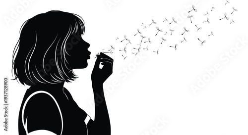A silhouette of a woman blowing dandelion seeds into the air creating a whimsical scene