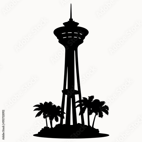Silhouette of iconic tower with palm trees on tropical island getaway