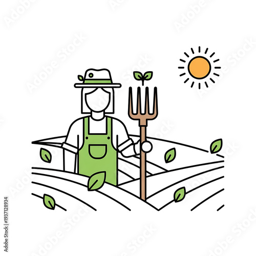 Farmer standing in a field holding farming tools under the sun.
