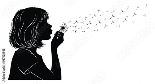 A silhouette of a woman blowing dandelion seeds into the air creating a whimsical scene