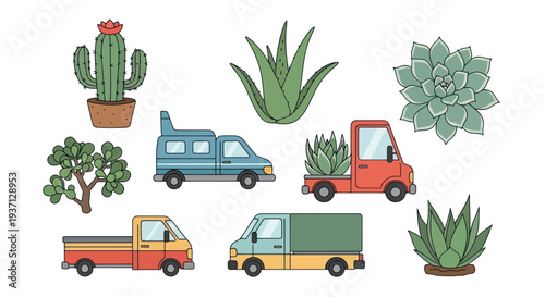 Cartoon plants and delivery trucks on white