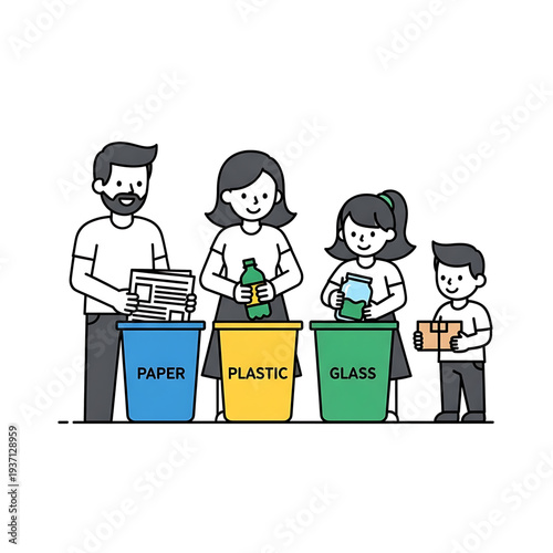 Family sorting waste into recycling bins for environmental protection.
