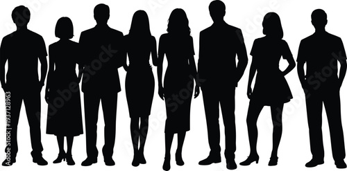 Black silhouette of a diverse group of men and women standing together, ideal for representing community, teamwork, business staff, and social gatherings.