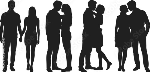 Black silhouette collection of romantic couples in various loving poses like holding hands, hugging, and kissing, perfect for Valentine's Day and wedding design projects.