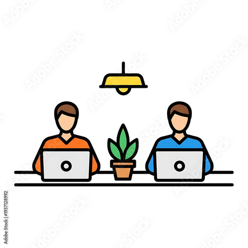 Two coworkers working on laptops at a shared desk in an office environment.
