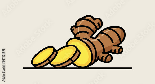 Fresh ginger root sliced into yellow pieces a light beige background spice food