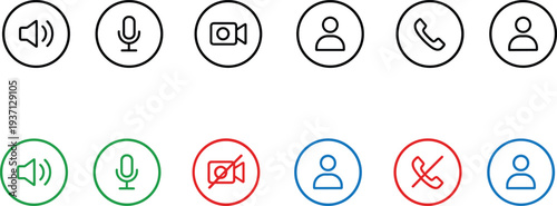 communication, icon, audio, microphone, video, camera, user, profile, call, telephone, speaker, mute, active, disabled, status, conferencing, digital, app, interface, symbol