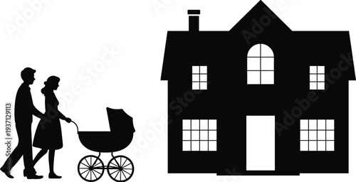 Silhouette illustration of family walking together with baby stroller beside large house, symbolizing domestic life, parenting, suburban living, home ownership, lifestyle unity, generational care