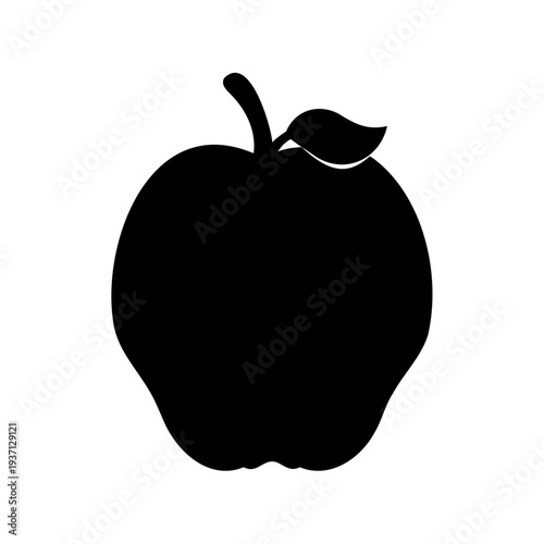 Simple Black Apple Silhouette with Stem and Leaf on White Background