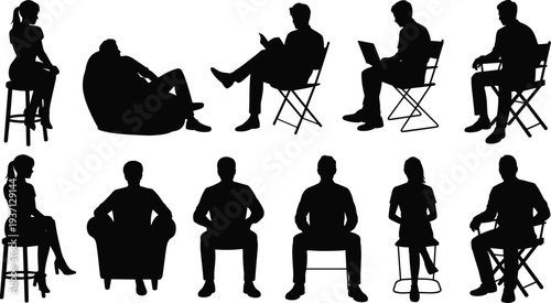Black silhouette collection of men and women sitting in various chairs, stools, beanbags, and lounge furniture, perfect for architectural visualization and graphic design projects.